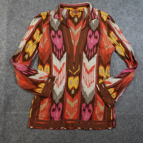 Tory Burch Tops - Tory Burch Top Womens 6 Ikat Tunic Long Sleeve Boho Southwestern Brown Pink